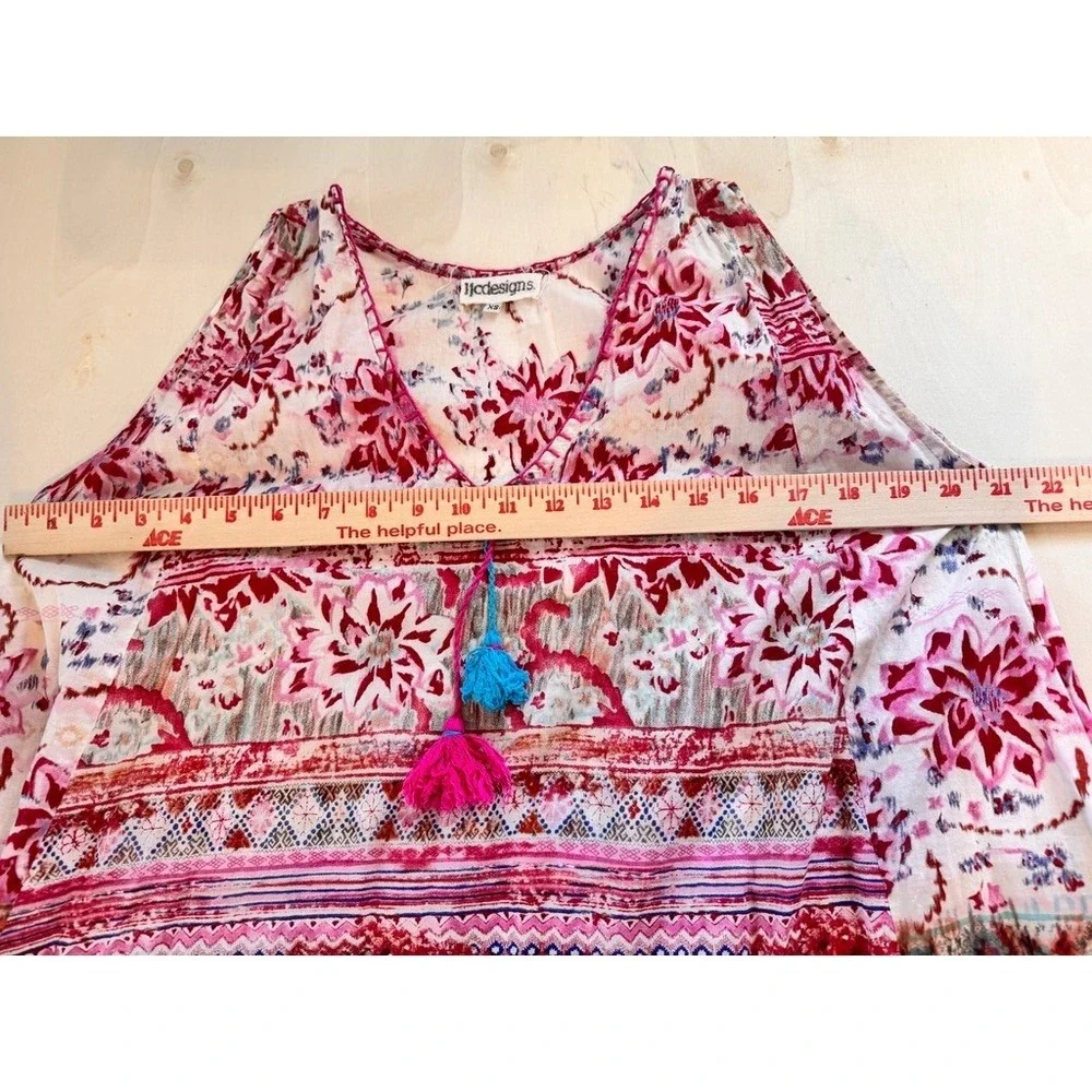 Bohemian Pink Floral Tassel Hem Sleeveless Tunic Top Mini Dress xS
